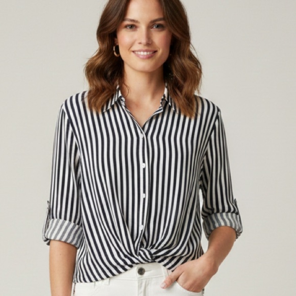 Just Living Navy & White Vertical Striped Button Down - Size Large - Knot Front
